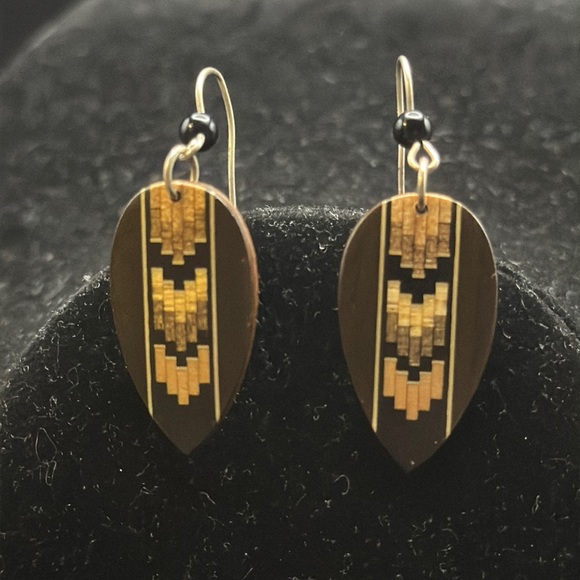 Artisan Hand Crafted Wood inlay Teardrop Earrings - Picture 1 of 3
